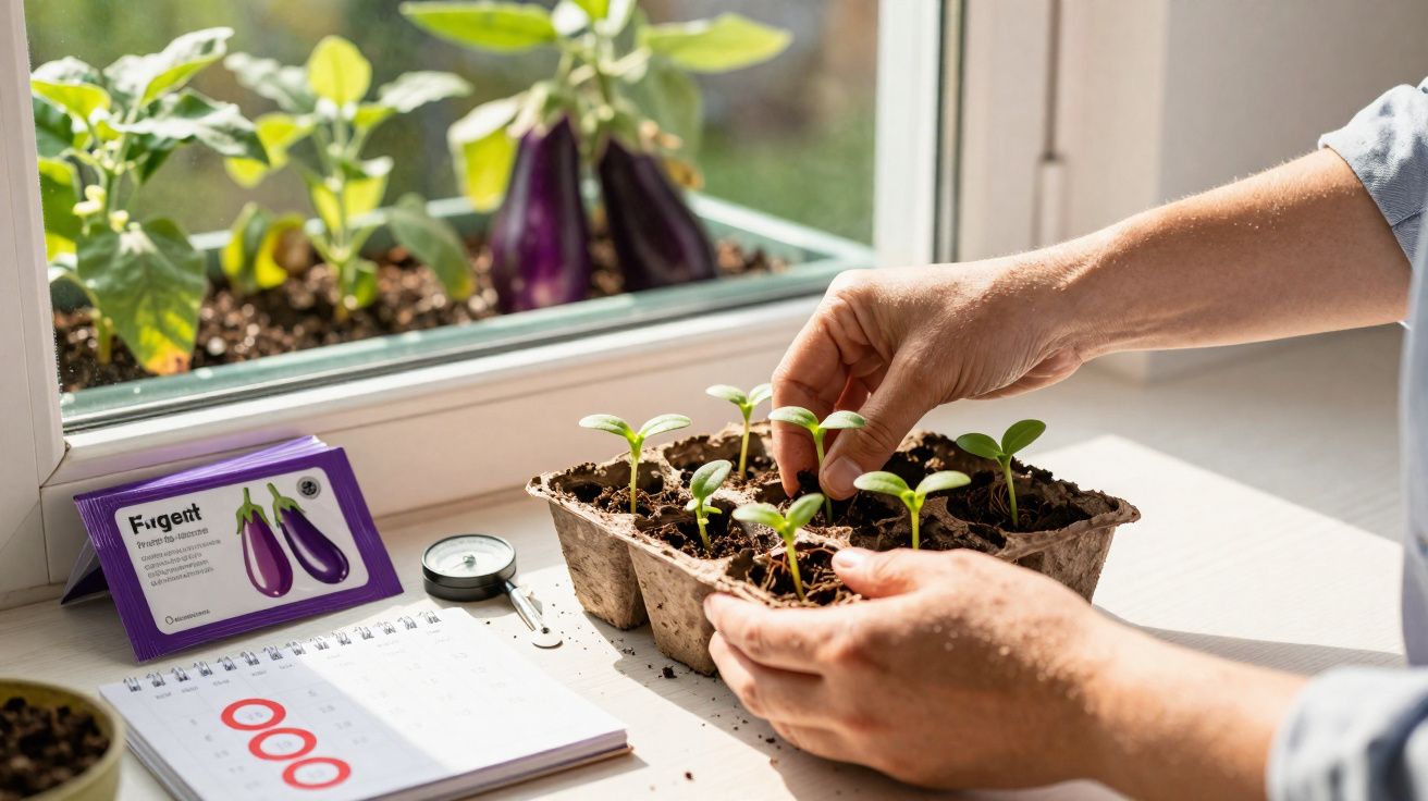 Mãos a cuidar de mudas numa caixa de estufa junto a janela com berinjelas visíveis ao fundo.