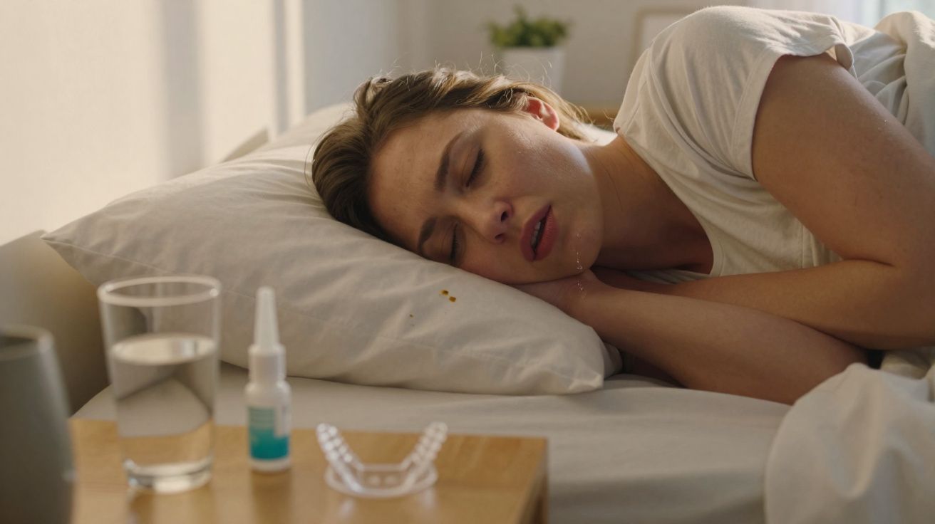 Mulher deitada na cama a dormir com baba, ao lado copo de água e medicamento nasal sobre mesa.