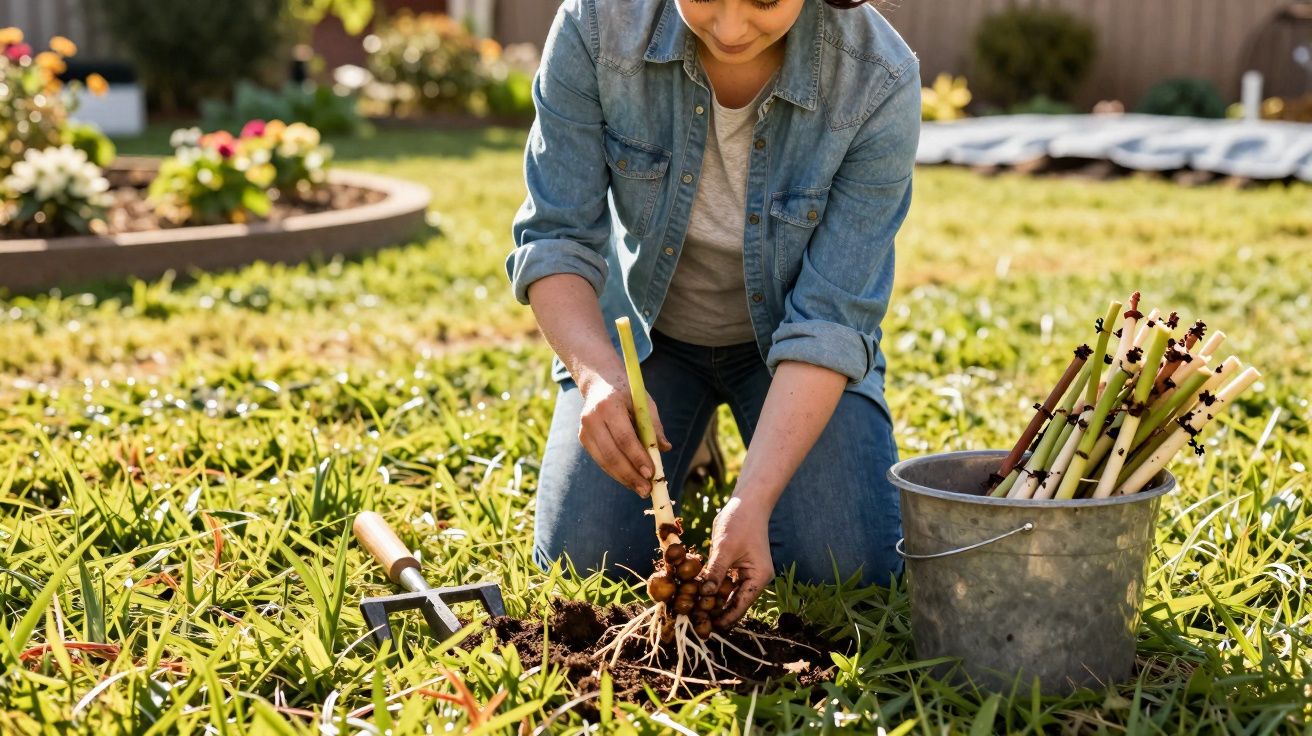 Pessoa a plantar bulbos de flores num jardim verde, com ferramentas e balde ao lado.