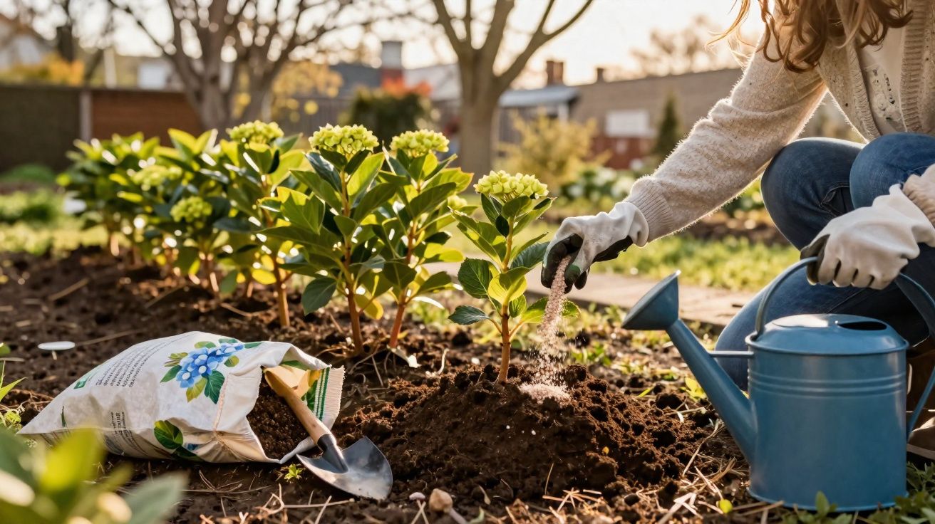 Pessoa a adubar uma planta jovem num jardim com regador e pá ao lado em dia soalheira de outono.
