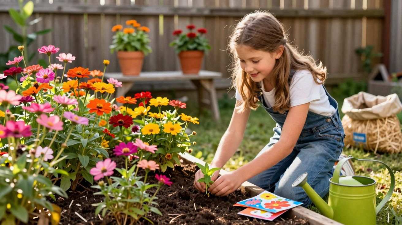 Menina a plantar flores coloridas num canteiro de jardim durante o dia, com regador verde ao lado.