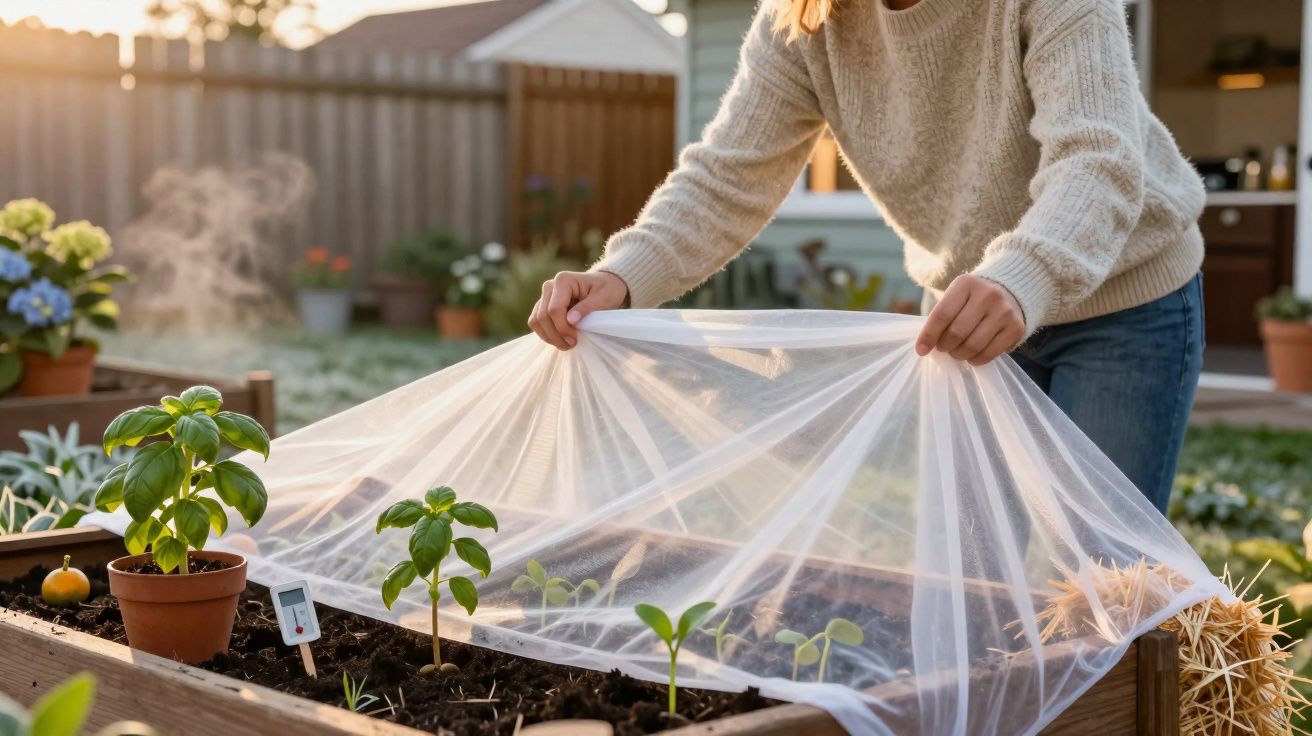 Pessoa a cobrir plantas jovens num canteiro elevado com tecido protetor no jardim ao entardecer.