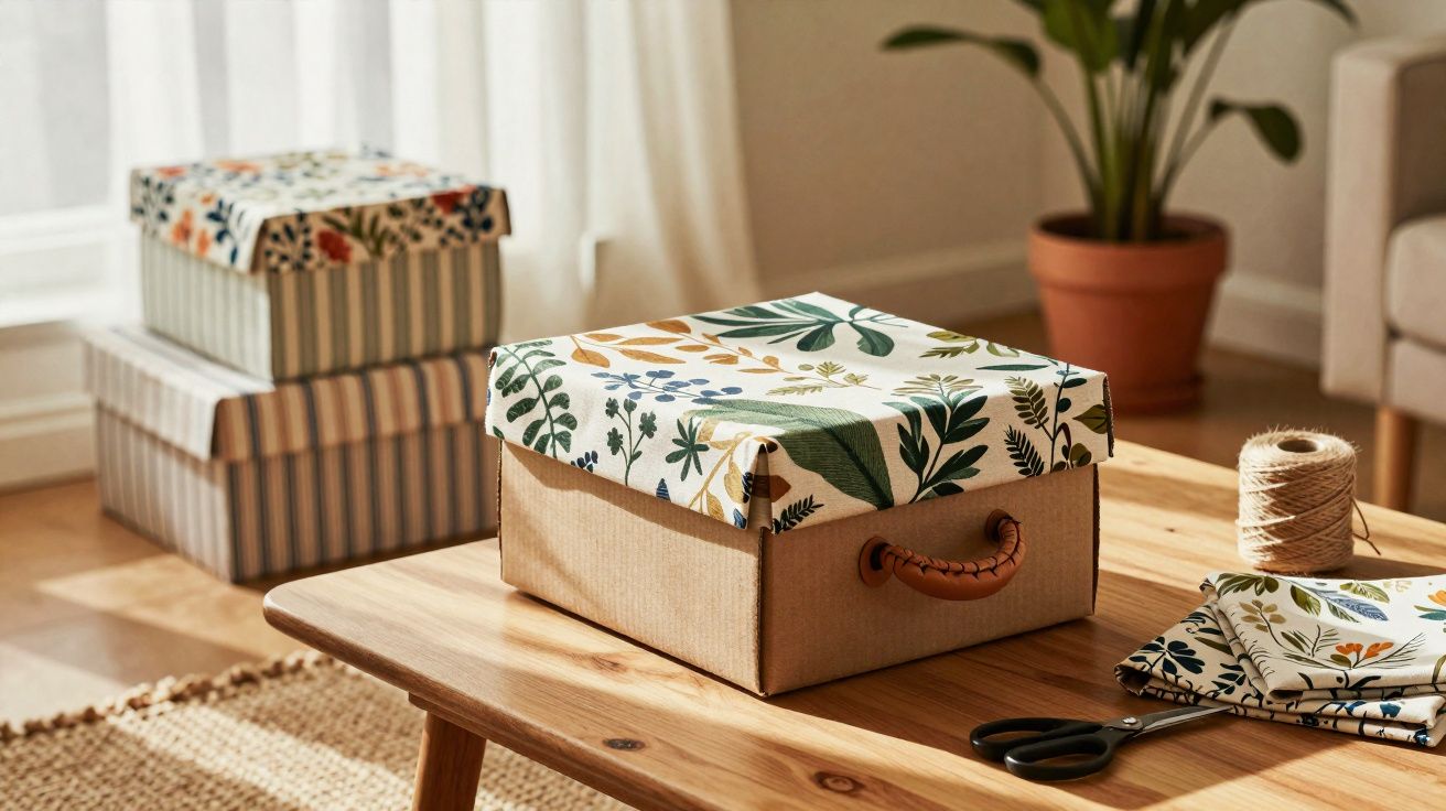 Caixas decorativas em tecido com padrão botânico sobre mesa de madeira num ambiente luminoso e acolhedor.