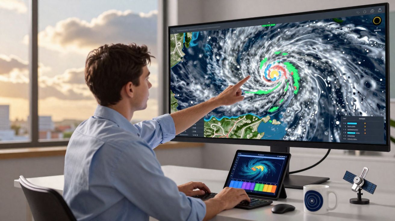 Homem analisa mapa digital de furacão num ecrã grande enquanto usa tablet com dados meteorológicos.