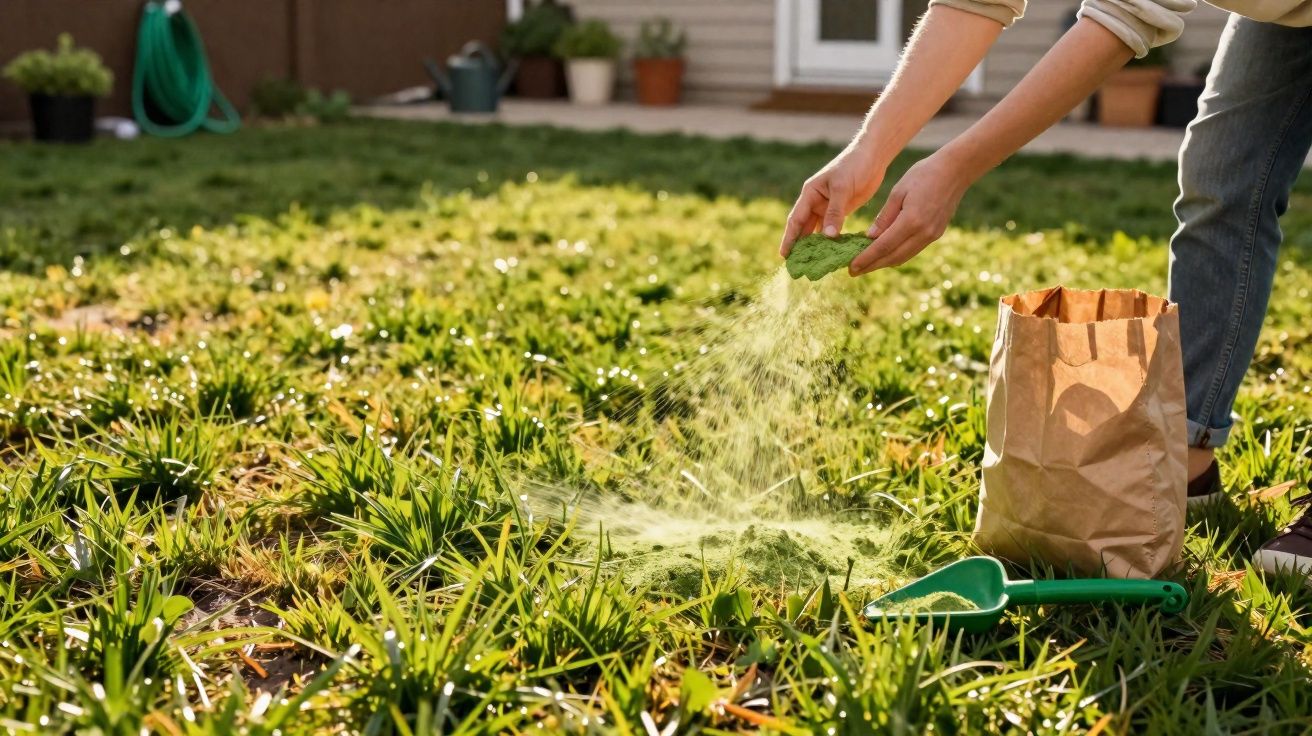 Pessoa a espalhar fertilizante verde no jardim com planta a crescer em relvado produzido em casa.