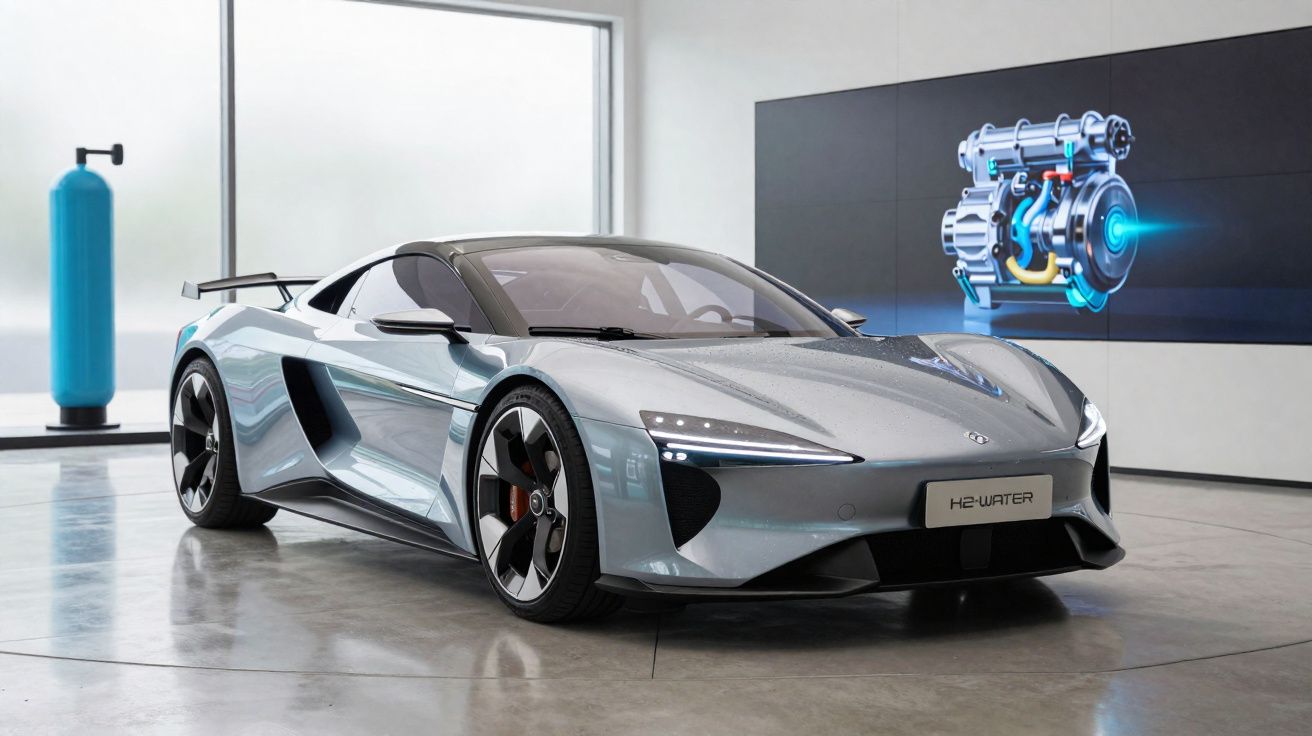 Carro desportivo de cor prateada exposto numa sala com ecrã a mostrar motor e célula de hidrogénio.