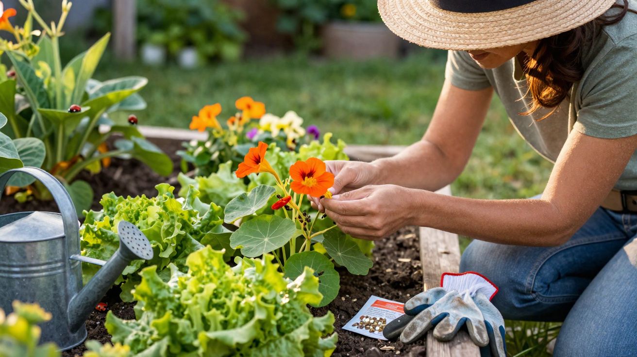 Pessoa com chapéu a cuidar de flores e legumes num jardim, com regador e luvas ao lado.