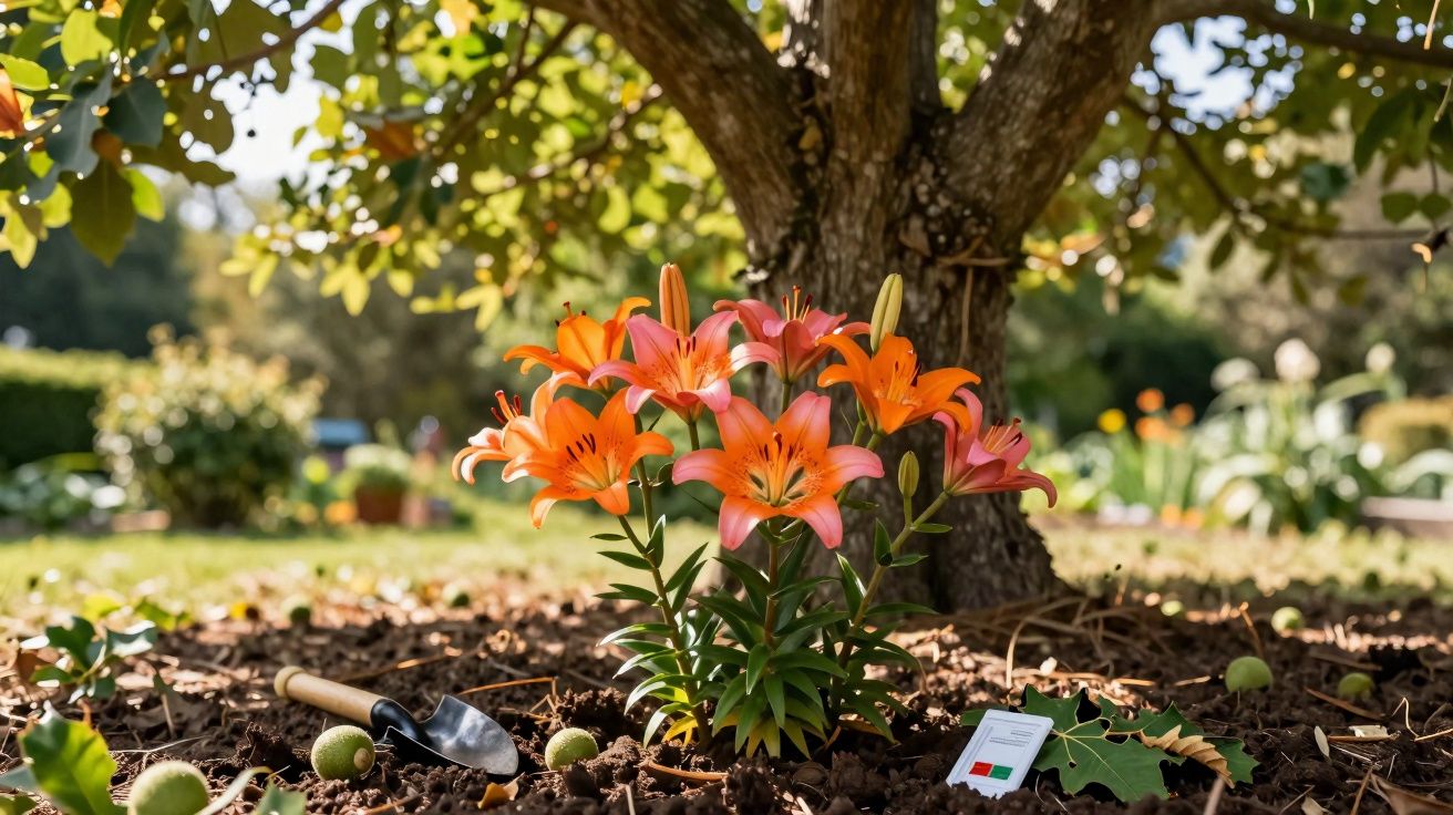 Flores de lírio laranja plantadas em solo junto a uma árvore em jardim ensolarado.
