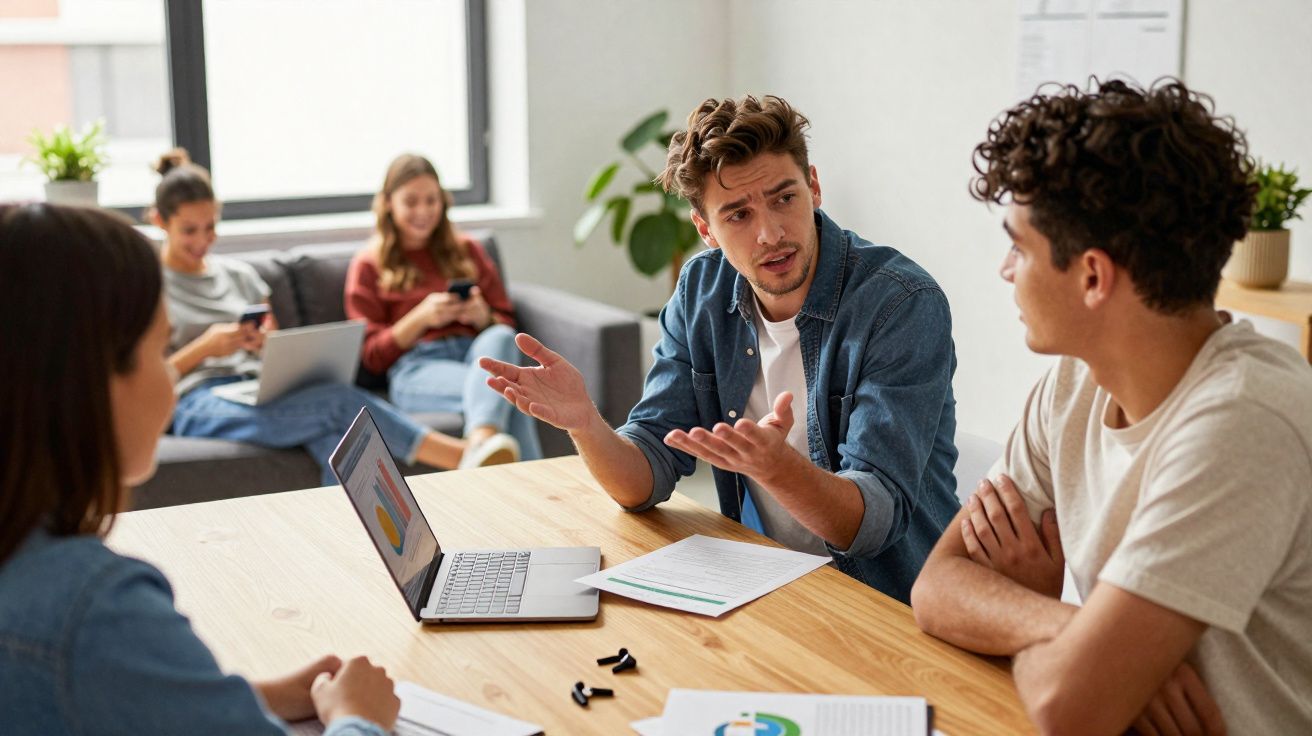 Grupo de jovens a discutir ideias em reunião informal com computador e documentos numa sala iluminada.