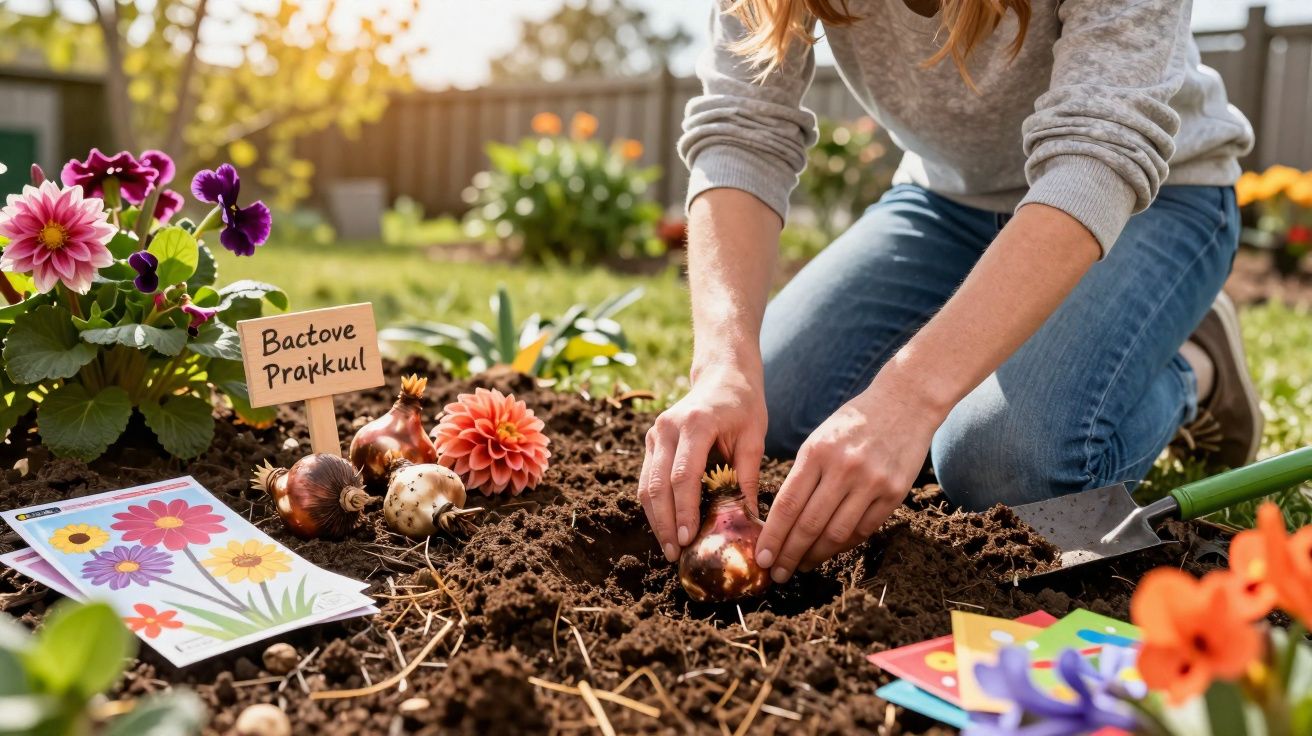 Pessoa a plantar bulbos de flores num jardim ensolarado com flores coloridas e ferramentas de jardinagem.