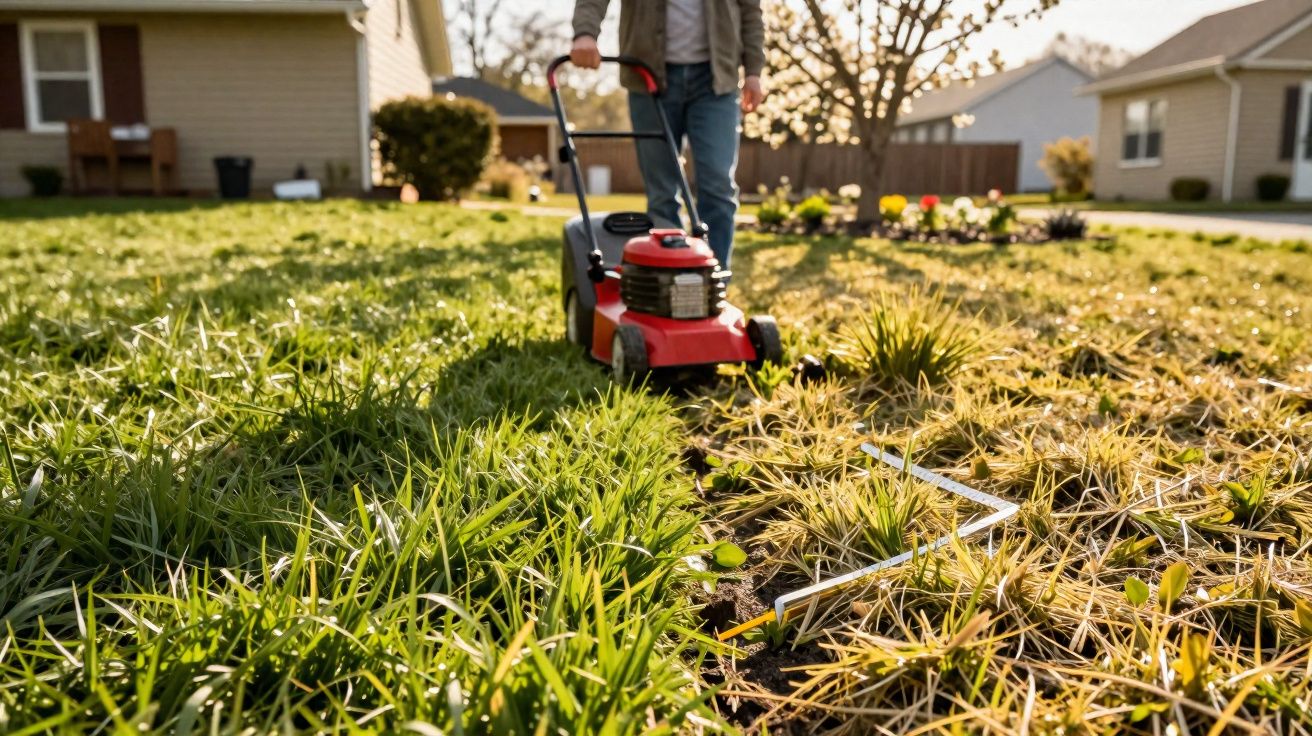 Pessoa a cortar relva alta com corta-relvas vermelho num jardim residencial ao pôr do sol.