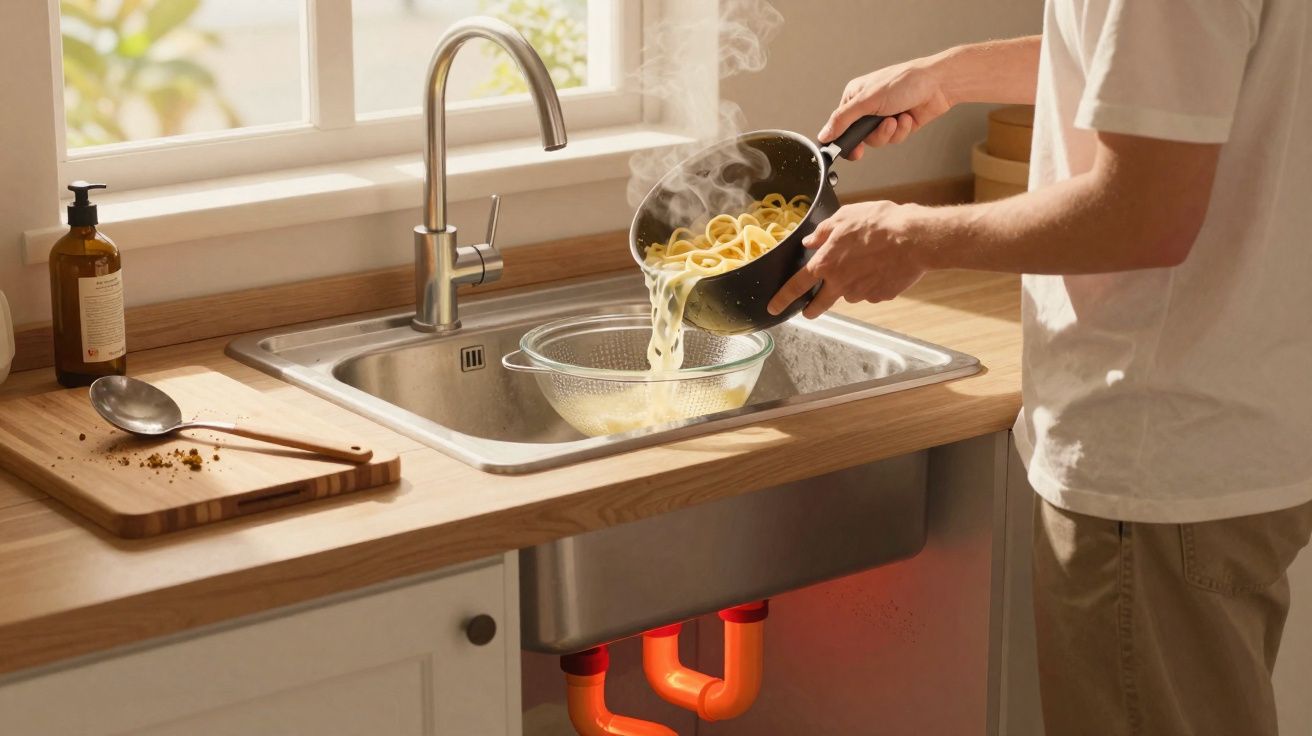 Pessoa a escorrer massa quente num passador sobre a pia numa cozinha iluminada pela luz natural.