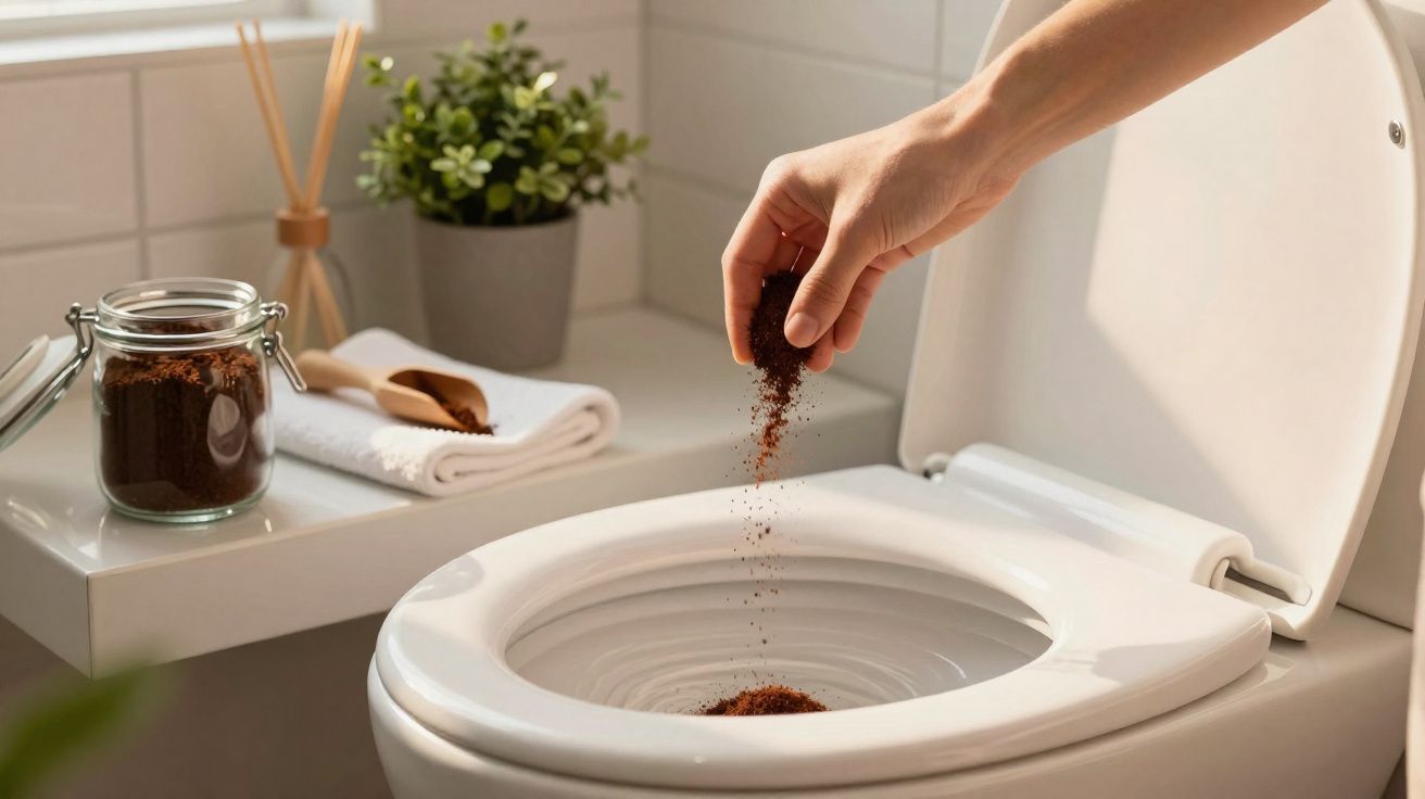 Mão a deitar café moído na sanita branca num ambiente de casa de banho com jarra e planta.