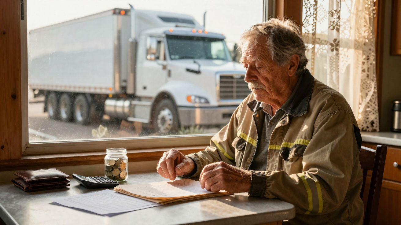 Homem idoso sentado a calcular despesas junto a janela com camião estacionado do lado de fora.