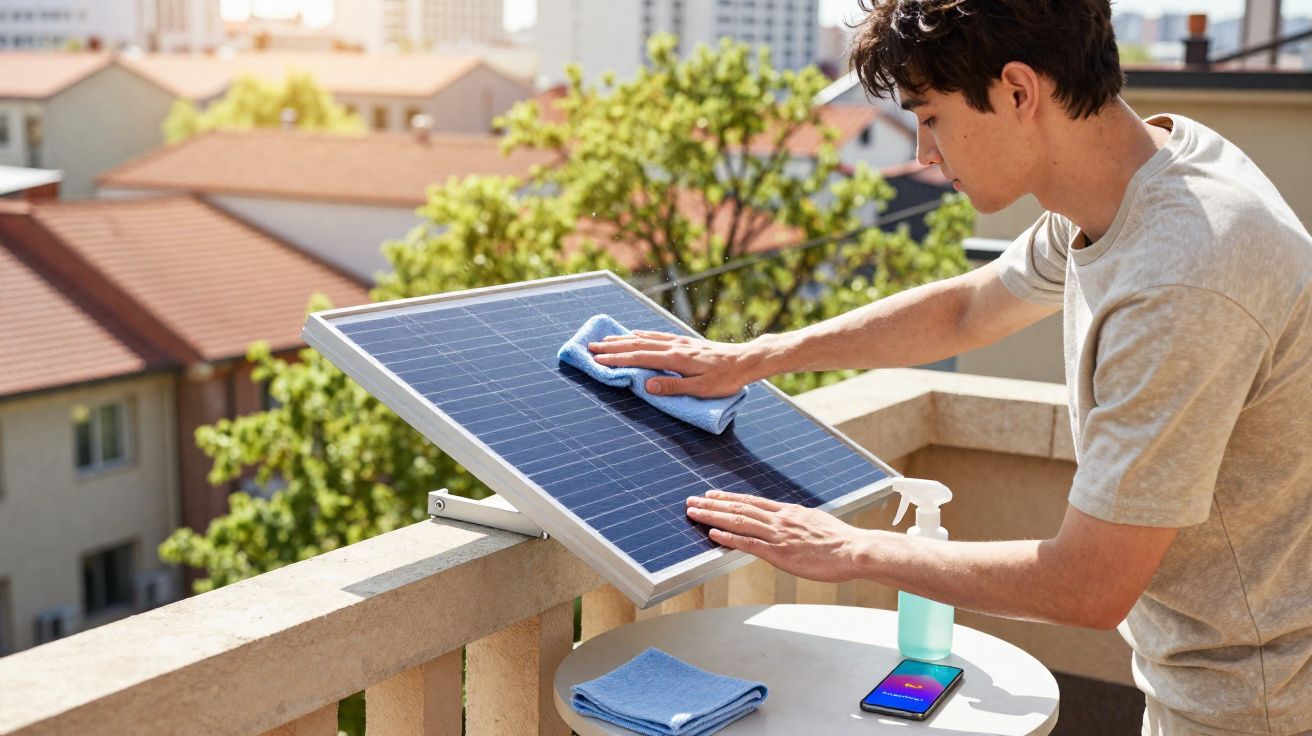 Pessoa a limpar painel solar com pano azul numa varanda ensolarada, com casas ao fundo.