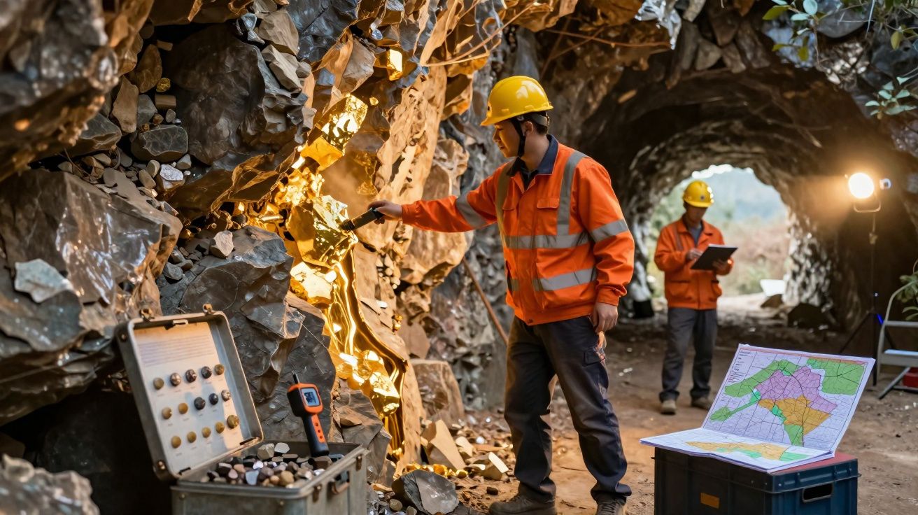 Dois geólogos com capacetes e coletes refletivos exploram uma mina, um examina rochas com lanterna e outro lê notas.
