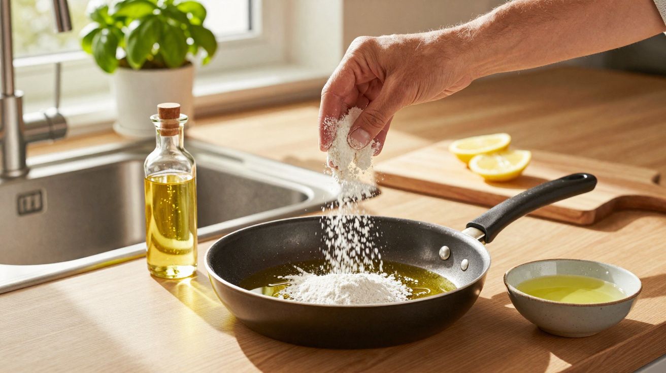 Mão a polvilhar farinha numa frigideira com óleo, sobre bancada de cozinha com limão e azeite.