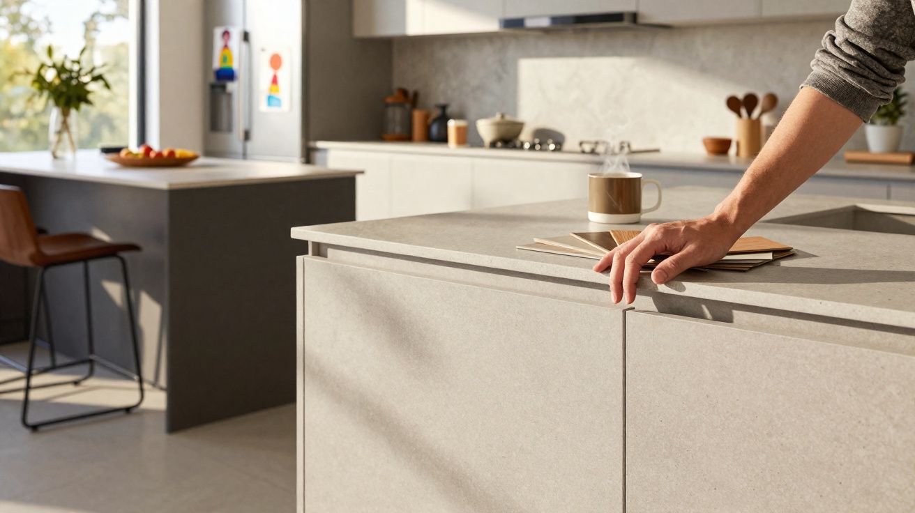 Cozinha moderna com ilha central em pedra cinza, mão pousada na bancada, chávena e objetos decorativos.