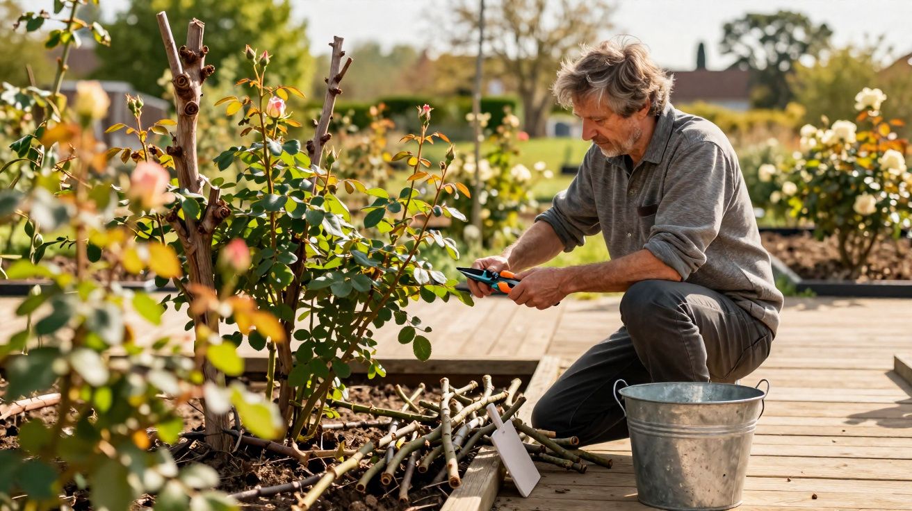 Homem a podar rosas num canteiro de jardim com uma tesoura de poda, rodeado de ramos cortados.