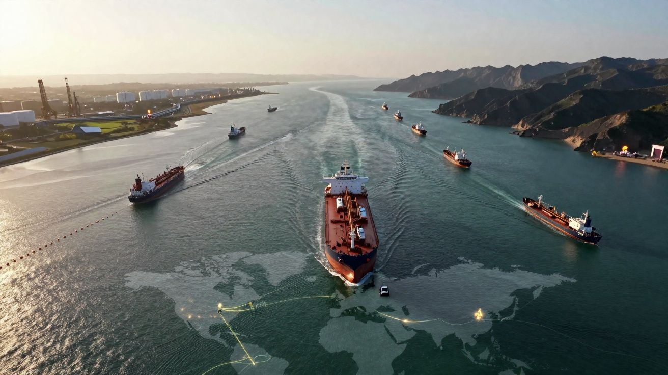 Canais marítimos com vários navios de carga navegando entre costa industrial e montanhas ao pôr do sol.