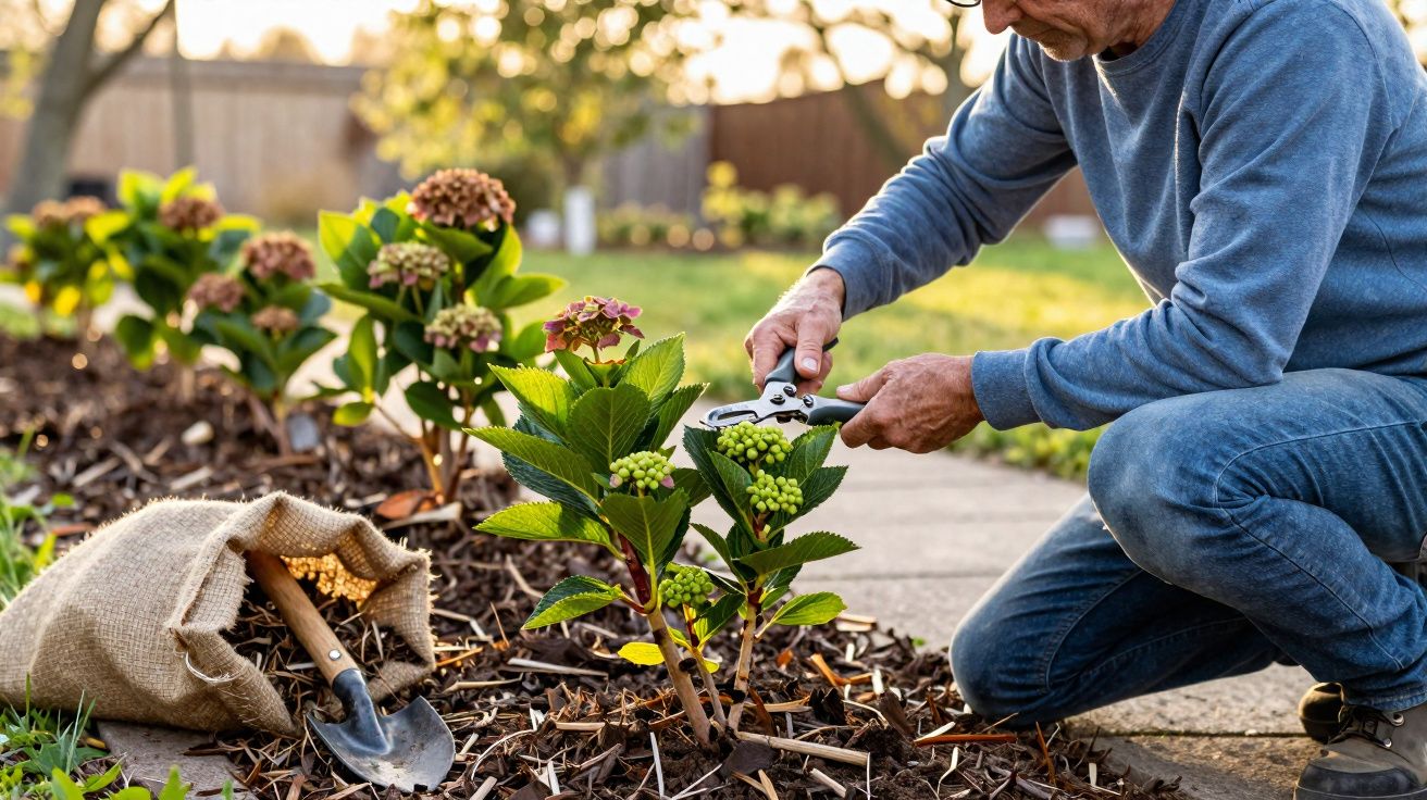 Homem a podar plantas num jardim com enxada e saco de fibras naturais no chão.