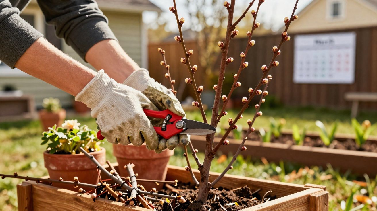 Mãos com luvas brancas a podar um ramo de árvore jovem num canteiro de madeira no jardim.