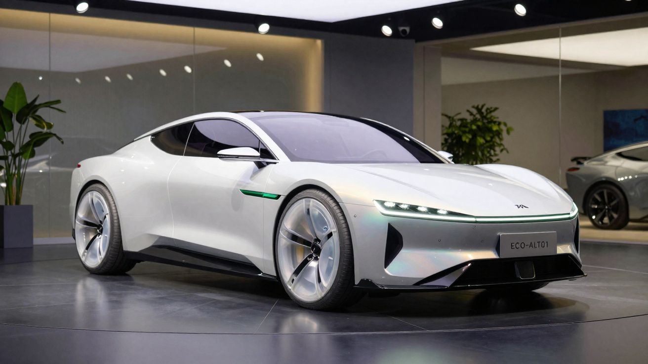 Carro elétrico desportivo branco com design aerodinâmico em showroom moderno e iluminação focada.