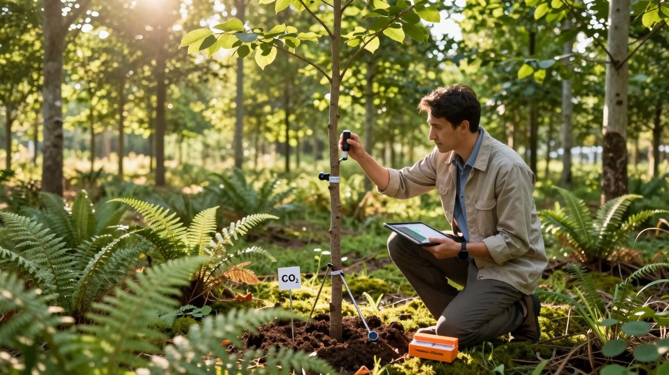 Homem analisa a medição de CO2 num sensor junto a uma árvore jovem numa floresta luminosa e verde.