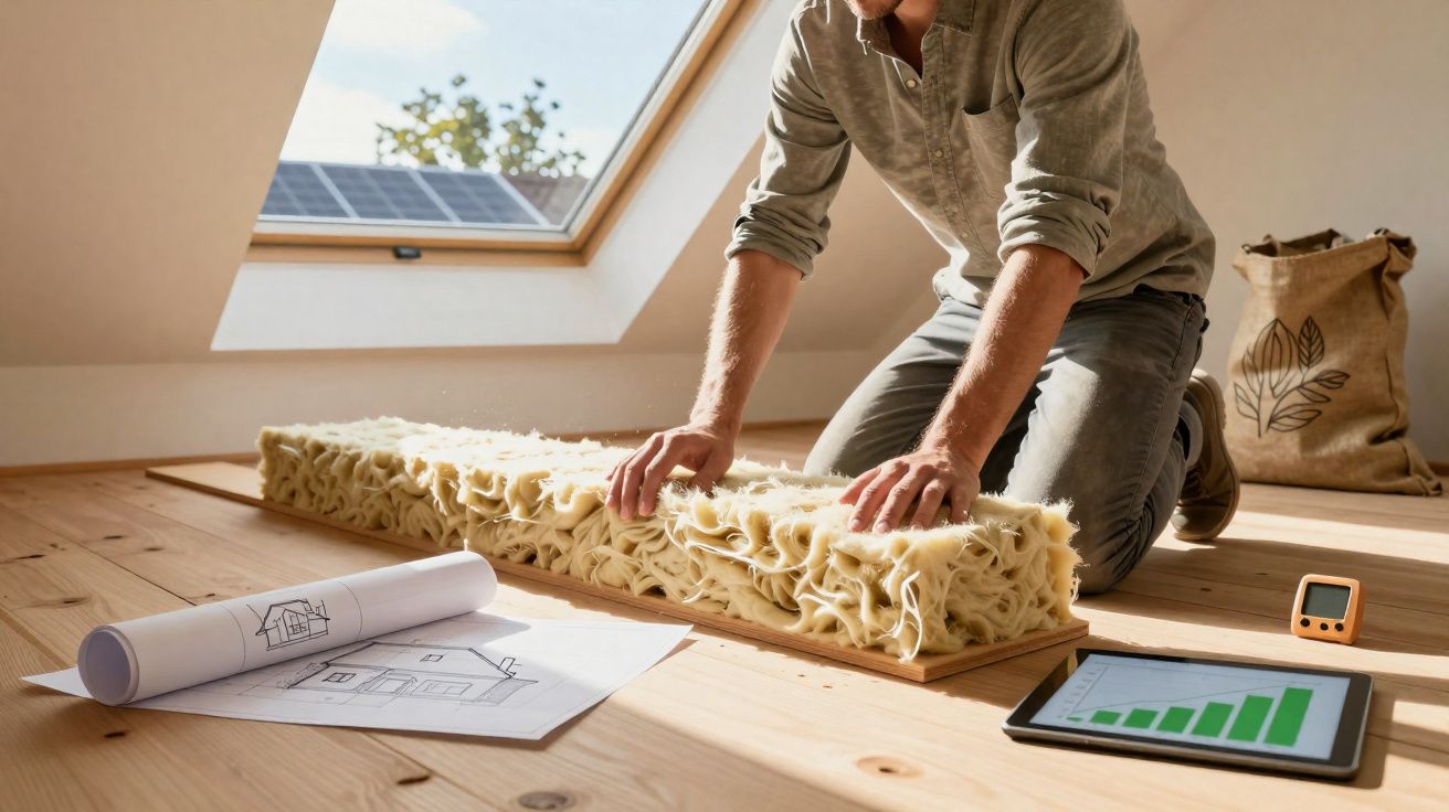 Homem a instalar isolamento térmico num sótão com plantas e documentos de construção ao lado.