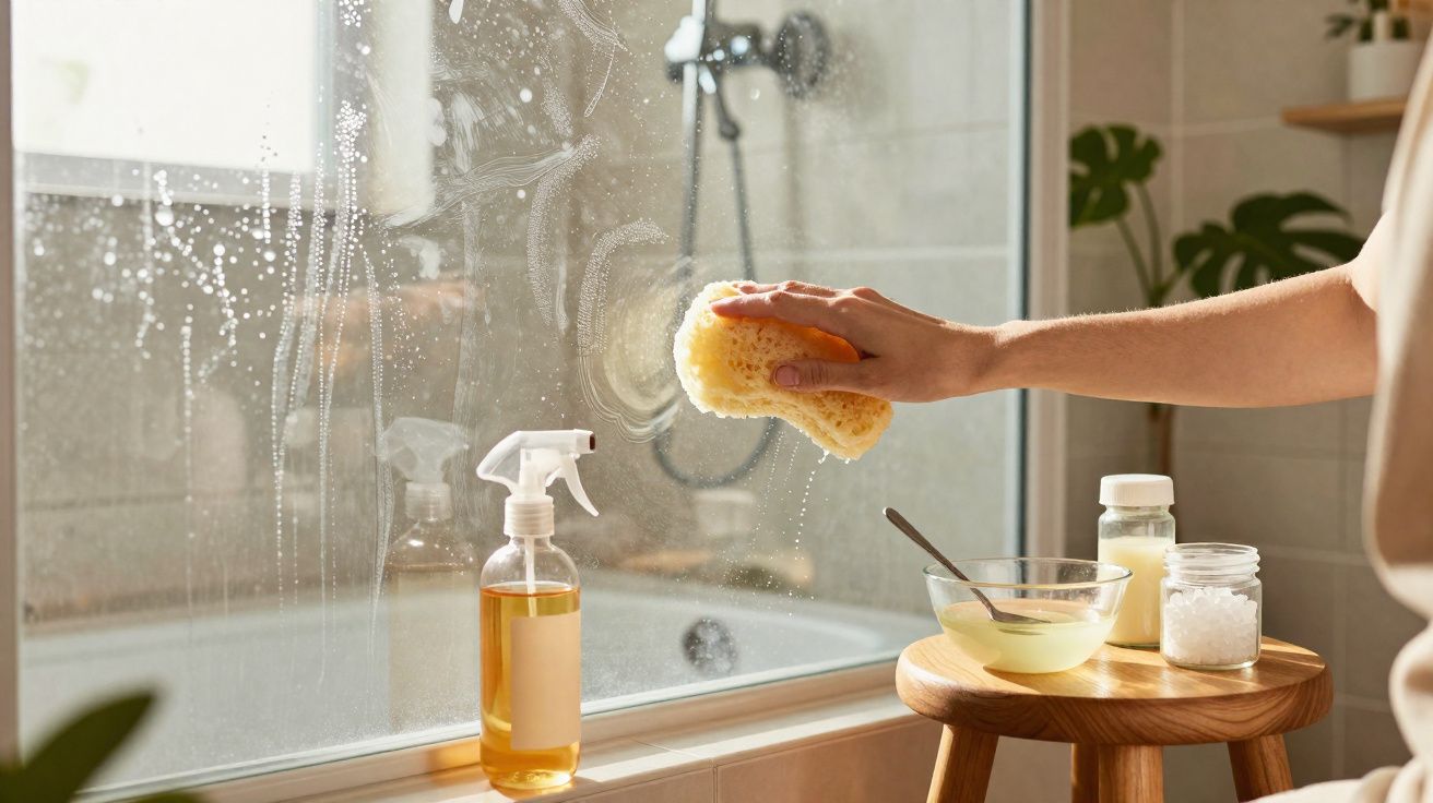 Pessoa a limpar um vidro de chuveiro com uma esponja e produtos de limpeza numa casa de banho iluminada.