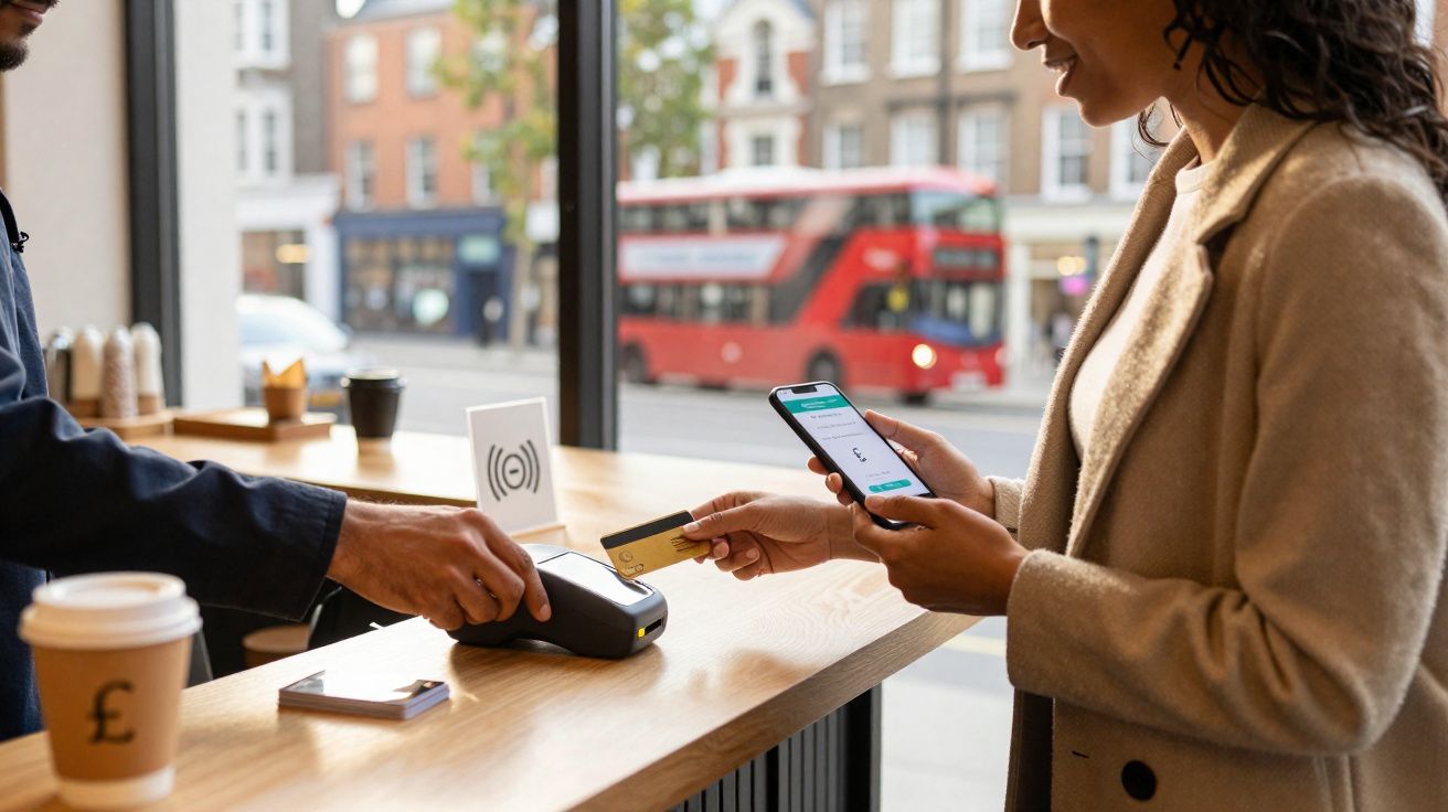 Mulher a pagar com cartão contactless em café, com autocarro vermelho e rua urbana ao fundo.