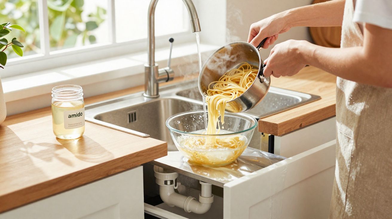 Pessoa a despejar esparguete quente de uma panela para uma taça de vidro num lava-loiças moderno.