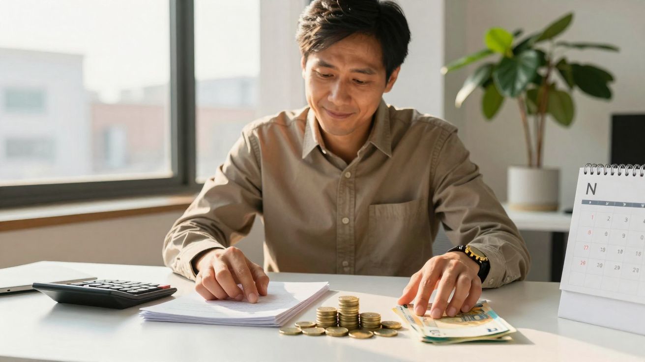 Homem a contar moedas e notas na secretária com calculadora e calendário ao lado, sorrindo.