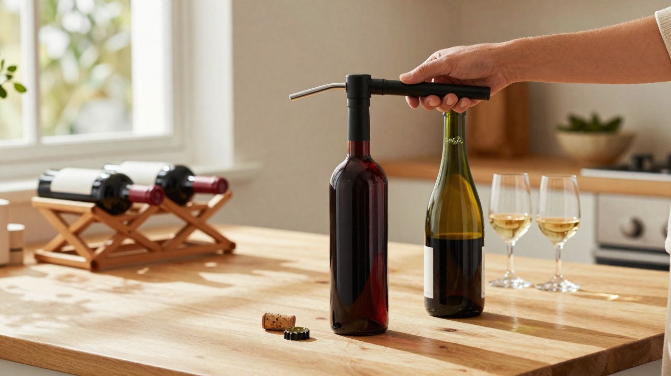 Pessoa a abrir garrafa de vinho tinto com saca-rolhas numa cozinha com garrafas e taças ao fundo.