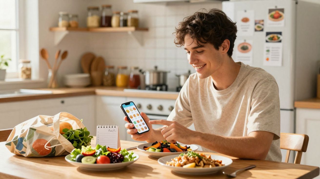 Jovem sorridente usa telemóvel para escolher refeição saudável à mesa com salada e legumes na cozinha.