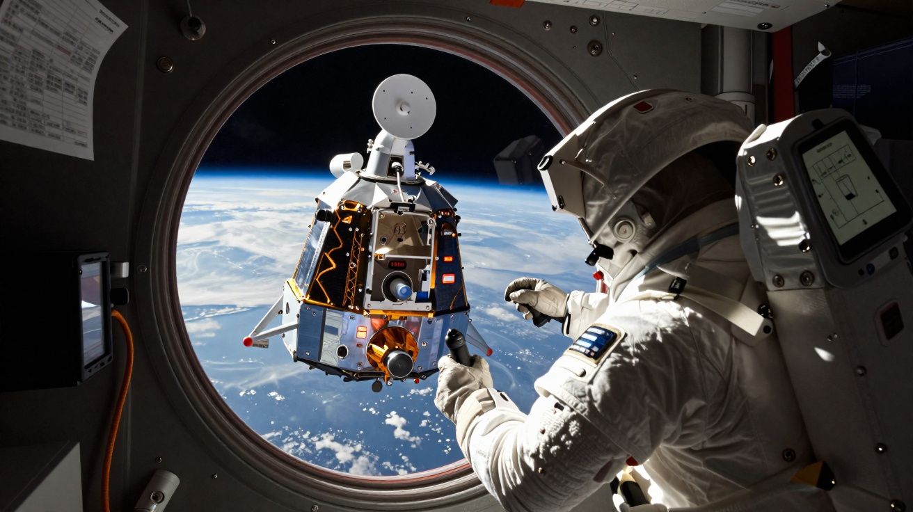 Astronauta na estação espacial observa nave em órbita com a Terra ao fundo vista pela janela circular.