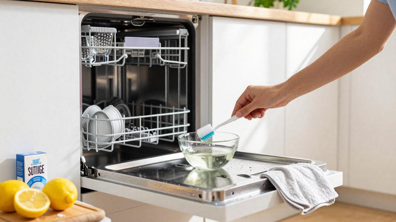 Mão a lavar escova de dentes numa taça com água na porta aberta de uma máquina de lavar louça moderna.