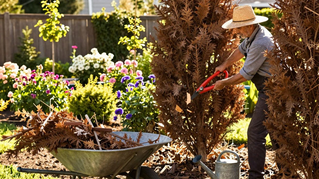 Homem com chapéu a podar árvore seca num jardim com carrinho de mão e regador.