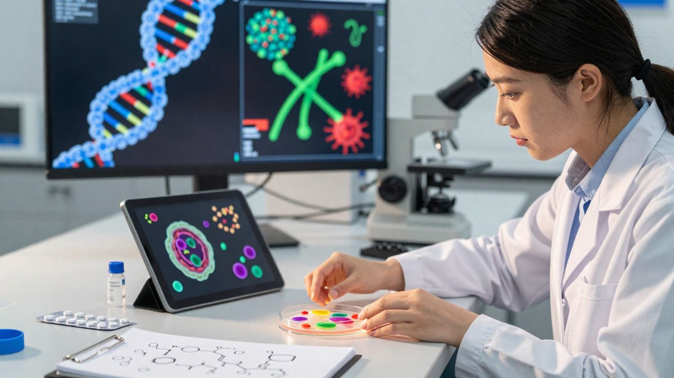 Cientista investiga células num laboratório com imagens de ADN e vírus em ecrãs atrás.