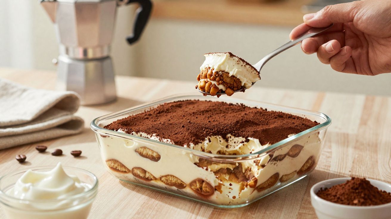 Tiramisu num recipiente de vidro com uma colher a retirar uma porção, café e cacau em pó na mesa.