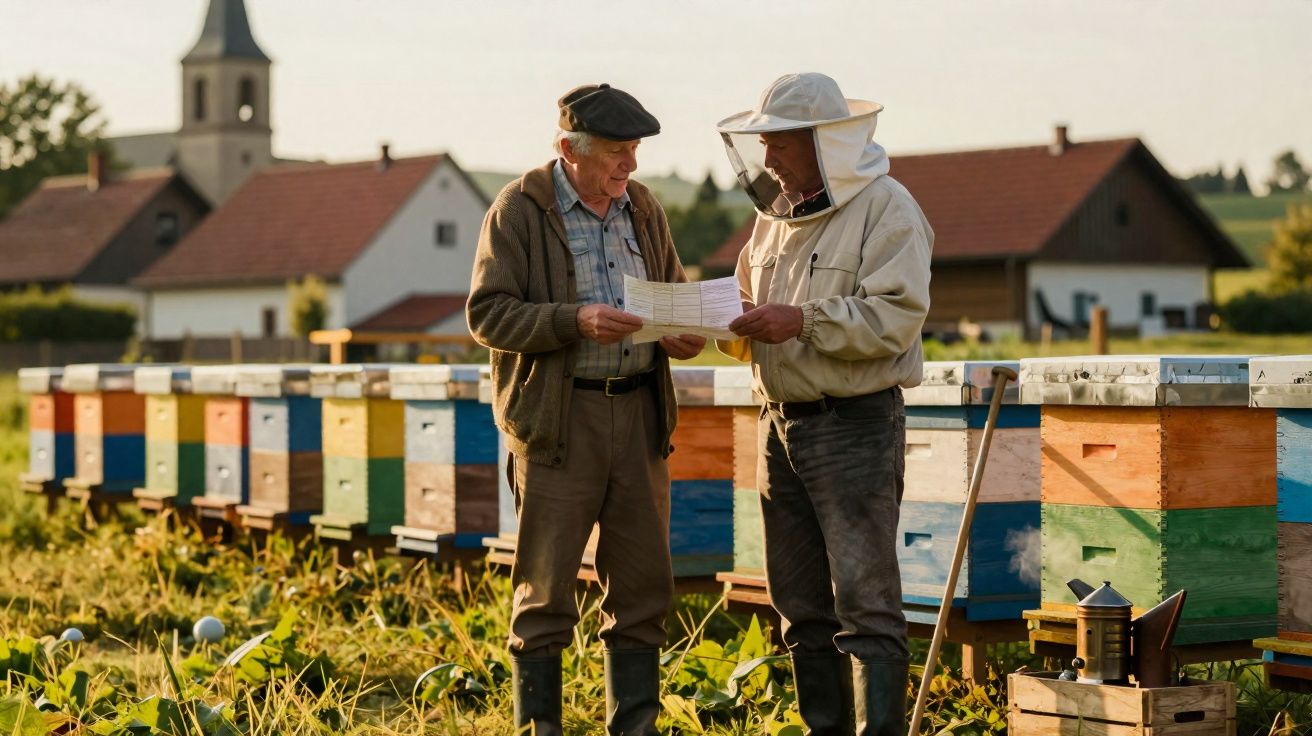 Dois apicultores analisam documentos junto a colmeias coloridas numa área rural com casas ao fundo.