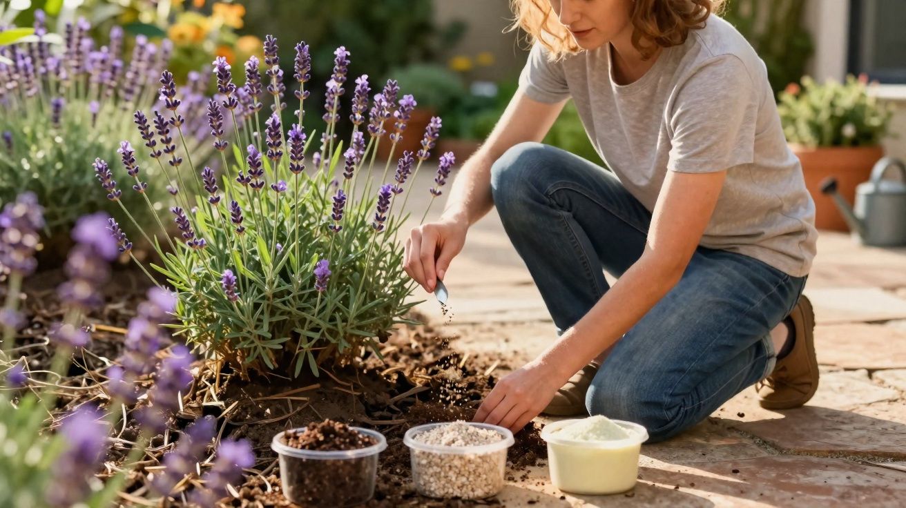 Mulher rega plantas de lavanda num jardim com vários recipientes de sementes à sua frente.
