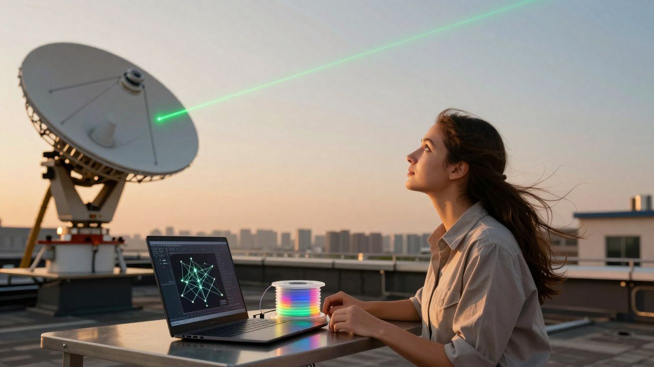 Mulher com computador e bobina colorida junto a antena parabólica a emitir feixe verde ao pôr do sol.
