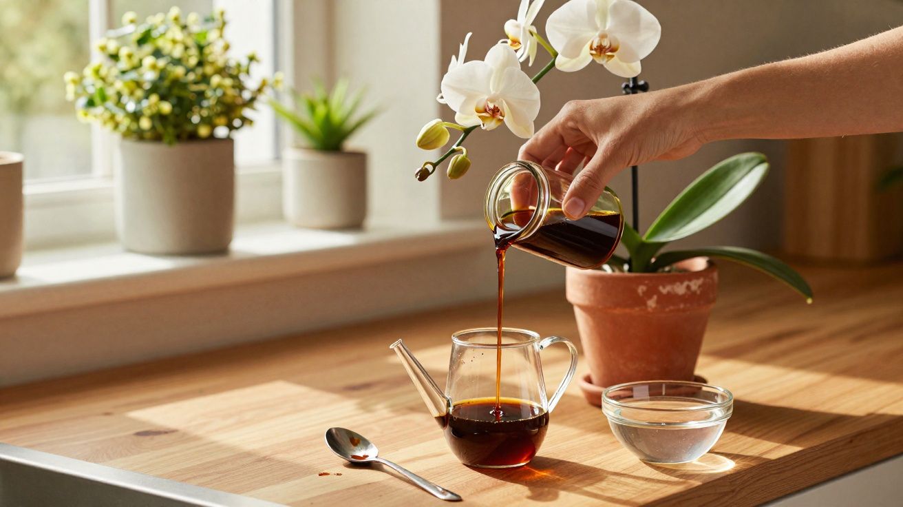 Mão a verter café de jarra pequena para bule de vidro sobre mesa de madeira com orquídea e plantas.