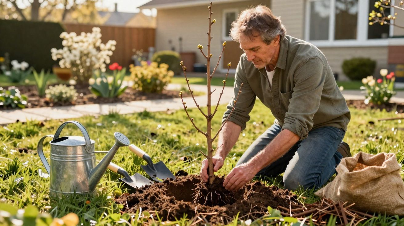 Homem a plantar uma árvore jovem num jardim com regador e ferramentas ao lado numa manhã ensolarada.