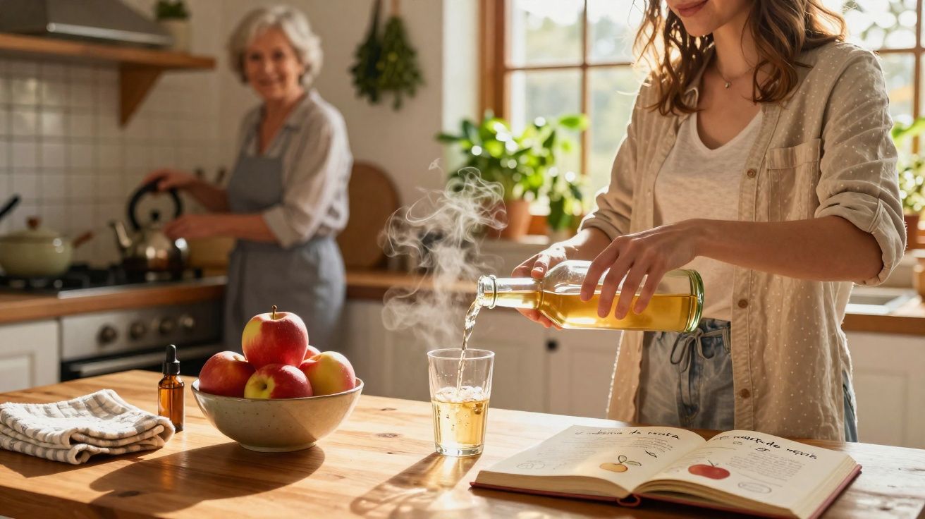 Mulher jovem a servir sumo em copo enquanto mulher idosa cozinha numa cozinha ensolarada.
