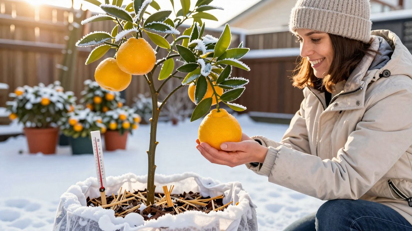 Mulher com gorro contempla limão amarelo num vaso rodeado de neve num jardim ensolarado de inverno.