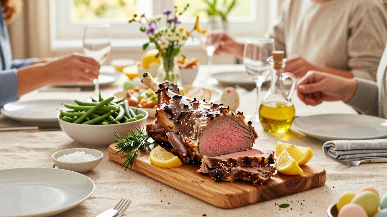 Peru assado fatiado com ervas e limão servido numa mesa com feijão verde e pessoas ao fundo.