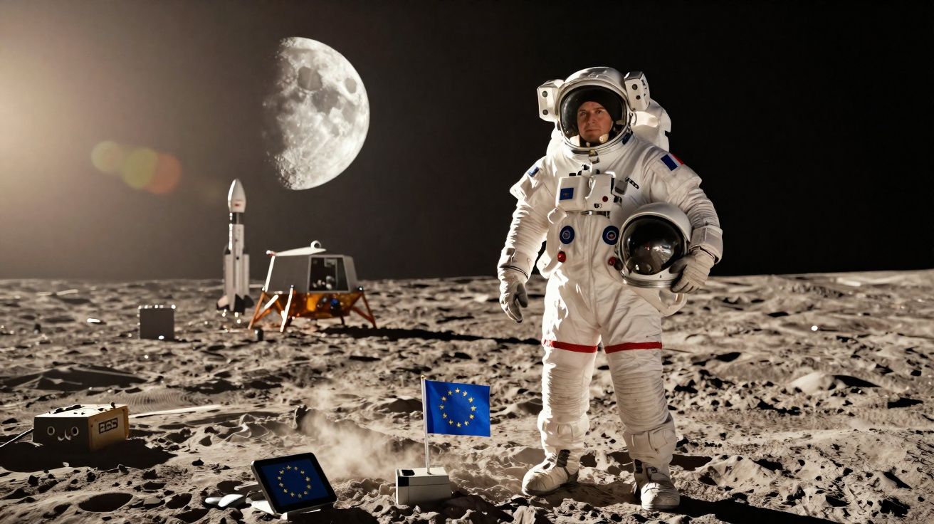 Astronauta com fato espacial segura capacete na superfície lunar com bandeira europeia e a Terra ao fundo.