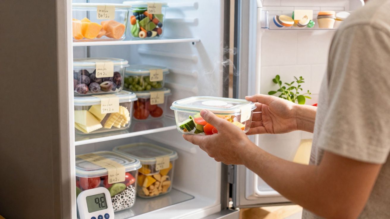 Pessoa a guardar legumes numa caixa de plástico transparente numa cozinha com frigorífico aberto.